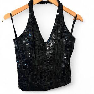 Black Sequin Cropped Halter Top